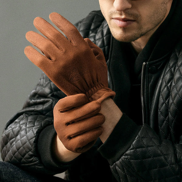 Men's Retro Brown Suede Gloves Winter Windproof Outdoor Riding Cycling Non-Slip Gloves Thickend Warm Flock Leather Gloves