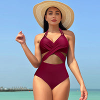 Sexy Women Bikini Swimwear Lady One Piece Swimsuit Beach Wear Bathing Suit Front Cross Solid Color Mesh