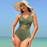 Sexy Women Bikini Swimwear Lady One Piece Swimsuit Beach Wear Bathing Suit Front Cross Solid Color Mesh