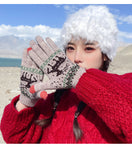 1Pair Jacquard Warm Fawn Gloves Women Touch Screen Glove Lady Winter Velvet Wool Gloves Female Christmas Mittens Glove