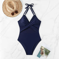 Sexy Women Bikini Swimwear Lady One Piece Swimsuit Beach Wear Bathing Suit Front Cross Solid Color Mesh