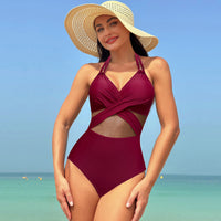 Sexy Women Bikini Swimwear Lady One Piece Swimsuit Beach Wear Bathing Suit Front Cross Solid Color Mesh