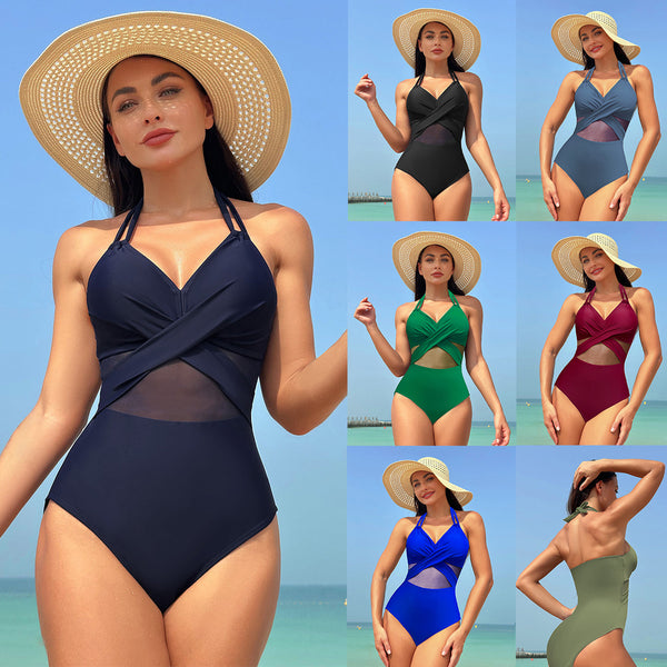 Sexy Women Bikini Swimwear Lady One Piece Swimsuit Beach Wear Bathing Suit Front Cross Solid Color Mesh