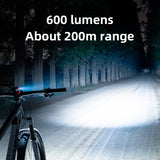 Cycling Bicycle Front Light Headlight Lamp Mountain Road Bike 600Lumen IPX6 Type-C Rechargeable 2600mAh 5 Modes Flashlight