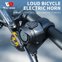 WEST BIKING Electric Bike Bell USB Rechargeable 80DB Safety Warning Horn MTB Road Handlebar Bicycle Ring Cycling Accessories