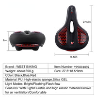 GEL Bicycle Saddle with Cycling Taillight MTB Road Bike Saddles Seat Cushion Thicken Wide Comfortable Hollow