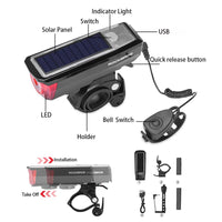 ROCKBROS Solar Charging Smart Sensor Bicycle Headlights Bike Front Light Bell Horn 2000 MAh USB 120 DB IPX4 Waterproof