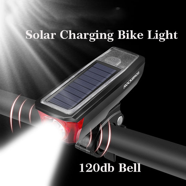 ROCKBROS Solar Charging Smart Sensor Bicycle Headlights Bike Front Light Bell Horn 2000 MAh USB 120 DB IPX4 Waterproof